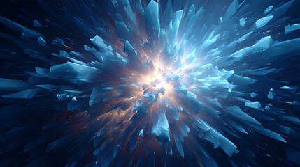 Obraz premium An abstract explosion of blue and yellow ice shards, resembling a powerful cosmic burst of energy with a glowing center