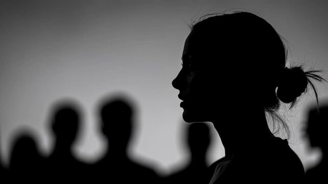 Silhouette of a woman standing alone against a blurred group capturing a thoughtful moment