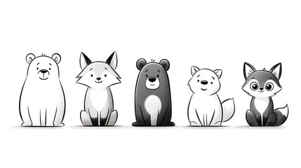 Obraz premium A line of five cute cartoon animals, including polar bear, arctic fox, bear, and fox, all looking forward with happy expressions