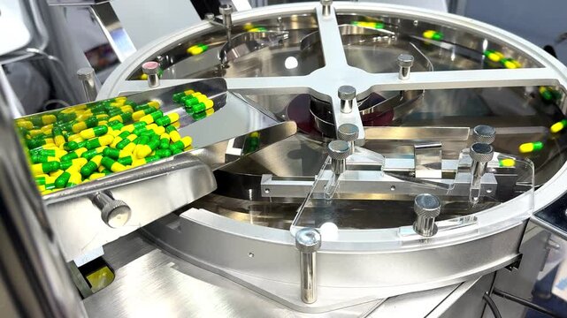 Industrial rotary capsule counter and packaging machinery line in modern pharmaceutical plant	
