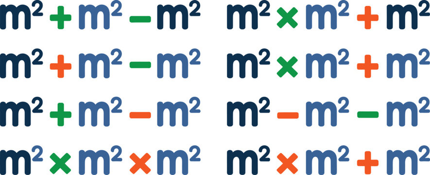 Mathematical algebra equations with square meter symbols, colorful arithmetic formulas for education, science and physics vector background