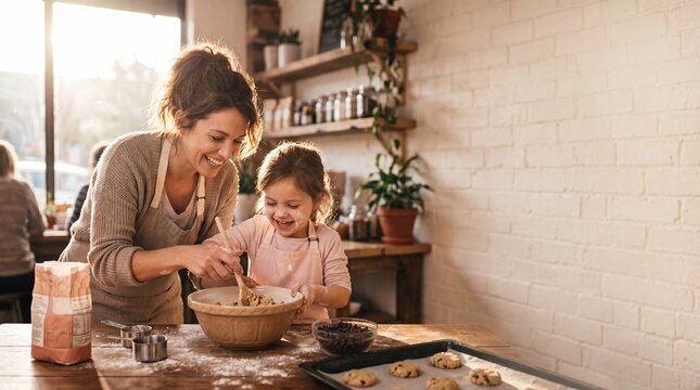 A mother and daughter joyfully bake cookies together in a sunlit kitchen, creating sweet memories and delicious treats.