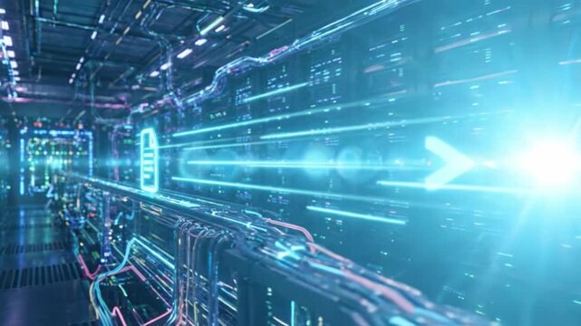 Data transfer and digital communication server room with network cables, technology and information flow featuring fiber optics, electronic connection, computer hardware, and futuristic cyber
