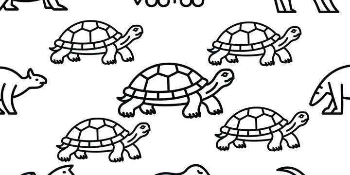 Minimalist turtle seamless pattern vector, hand drawn tortoise line art background, black and white reptile illustration for fabric and wallpaper