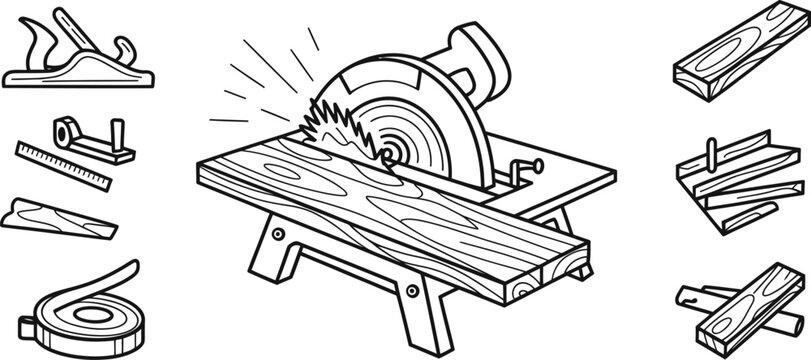 Woodworking power tools and carpentry equipment vector set, circular saw cutting timber on workbench, hand plane and measuring tape icons
