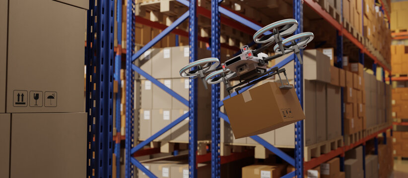 Drone carrying a box in industrial logistics warehouse.automation job shift warehouse.AI Aerial AGV Transporting Parcel in Logistics Distribution Center,Unmanned UAV Drone Delivering Cardboard Box
