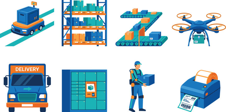 Set of smart warehouse, delivery, and automated logistics process icons for business operations