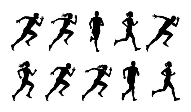 Running Athlete Silhouette Collection Featuring Male and Female Sprinters in Motion with Grainy Noise Grungy Texture Overlay Effect