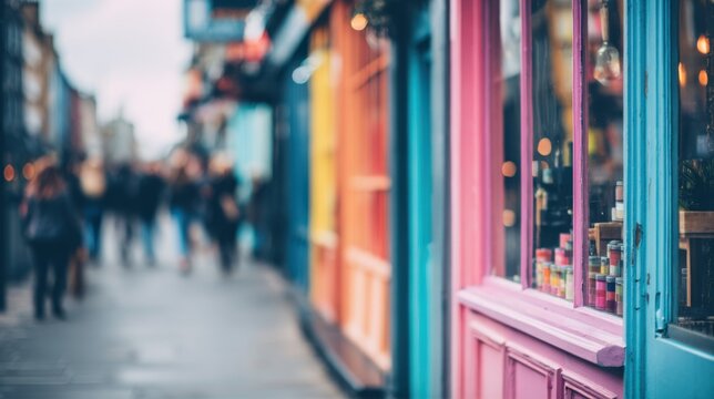 Daytime medium shot capturing the language school building facade in crisp focus with softly blurred colorful storefronts and passersby in the background.