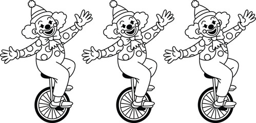 Clown, skeleton, unicycle, vector illustrations, black and white, circus, cartoon characters © yamin678