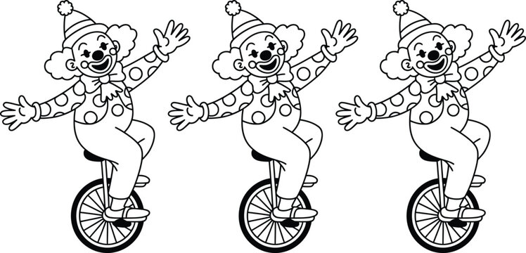Clown, skeleton, unicycle, vector illustrations, black and white, circus, cartoon characters