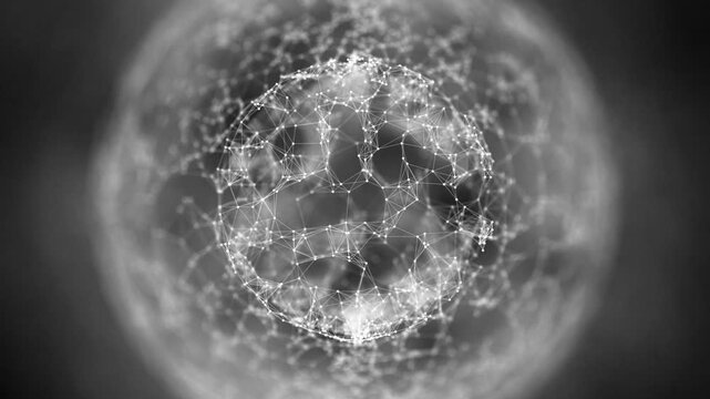 A luminous network sphere plexus and a blurred celestial body. An abstract globe of a technological node with a depth of field.