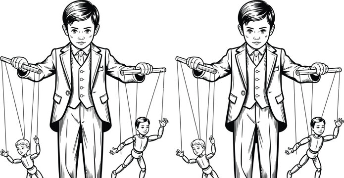 Vector illustration of puppeteers controlling puppets, black and white, cartoon characters, string puppets, manipulators