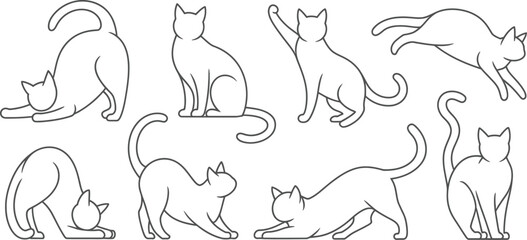 Cat icons, feline line art, cat silhouettes, 8 cat illustrations © yamin678