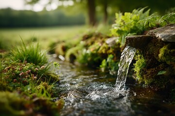 Fototapeta premium A small stream cascades over mossy rocks, surrounded by lush green vegetation and sunlight dappled foliage. The tranquil scene evokes a sense of natural beauty and serenity