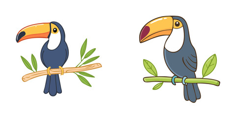 Naklejka premium Set of Toucans Perched on Branches with Leaves