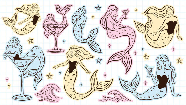 Mermaid vector illustration set, ink drawing sketch style. Hand drawn ocean art, vintage nautical line art, marine fantasy clipart, sea life vector graphics for print, web, branding.