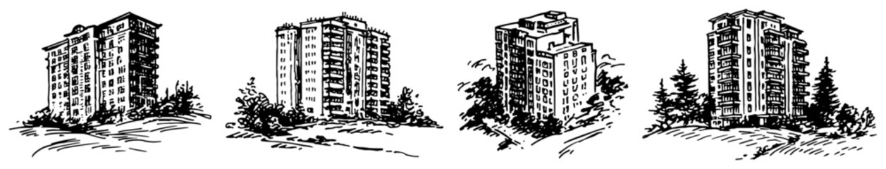 Modern apartment buildings and high rise residential towers in hand drawn sketch style © Amelia