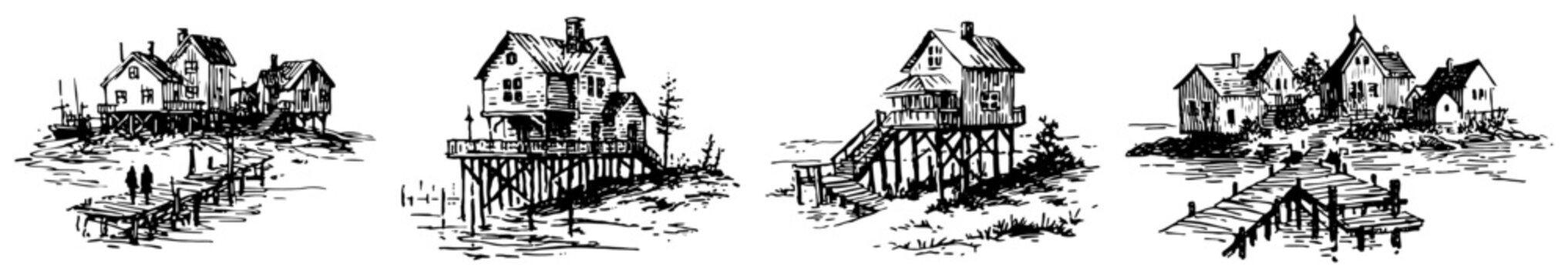 Stilt houses and waterfront buildings on piers in hand drawn engraving style