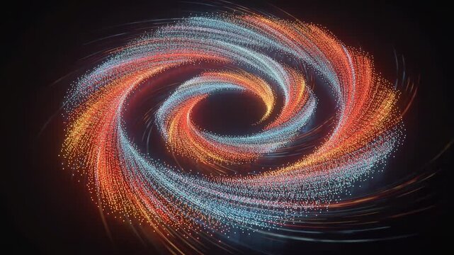 Mesmerizing cosmic dance of colorful particles spiraling gracefully in a luminous space animation