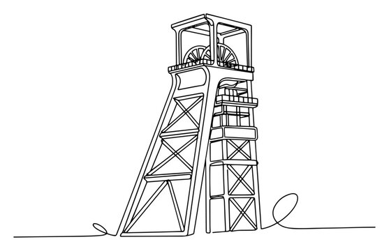 Mining headframe tower for coal industry in minimalist one line art style