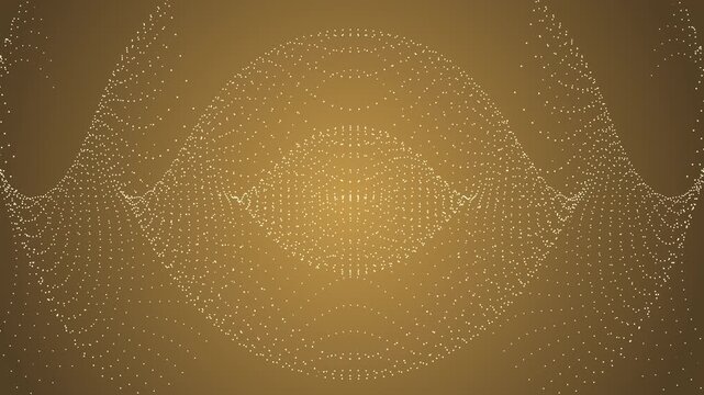 Abstract coffee gold gradient animation featuring glowing light dot particles arranged like a globe sphere rotating horizontally in a seamless loop.