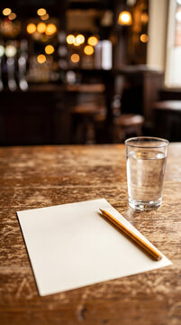 Blank Trivia Quiz Answer Sheet with Pencil on a Rustic Wooden Pub Table with Warm Background