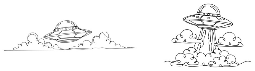UFO flying saucer over clouds in space minimalist continuous line art style © Amelia