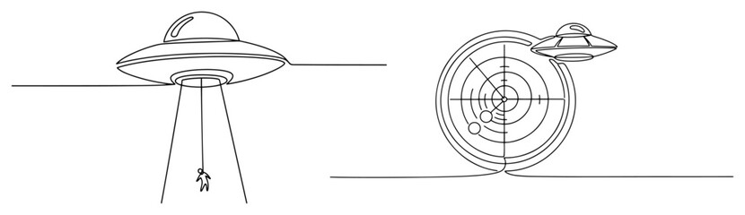 UFO abducting human and flying saucer detected on radar screen in minimalist one line art style © Amelia