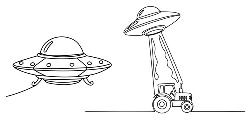 Flying saucer and UFO lifting tractor with light beam in minimalist one line art style © Amelia