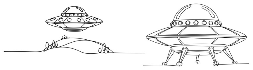 Flying saucer over landscape and landed UFO with legs in minimalist one line art style © Amelia