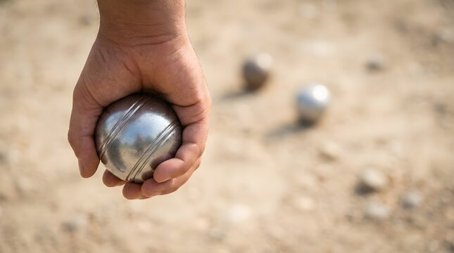 Close up of a man holding a shiny metal steel boule ball ready to throw during a competitive outdoor game