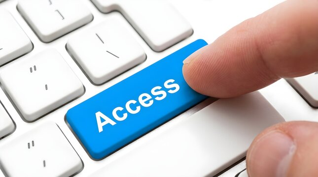 Human finger pressing a bright blue access button on a white computer keyboard to initiate a secure digital login process