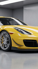 Naklejka premium Close-up of a vibrant yellow sports car's front quarter, showcasing its sleek design and aerodynamic details, symbolizing speed, luxury, and performance
