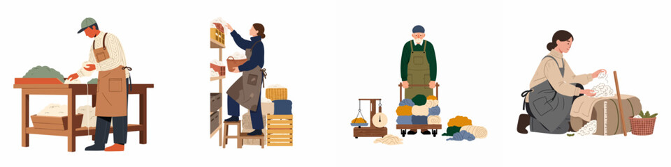 Flat vector illustration of workers processing raw wool, sorting, weighing, and packing textiles in a warehouse or farm setting. © Yudoyono