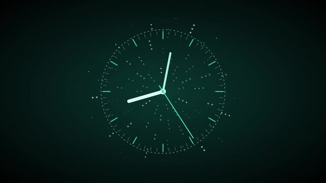 Digital clock interface with abstract particles, time passing motion futuristic countdown timer for business and technology presentations