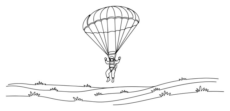Paratrooper soldier landing with parachute in landscape minimalist line art style