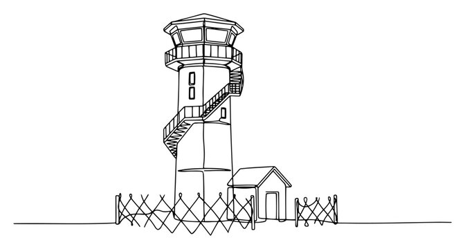 Guard watchtower with barbed wire fence and small shack in minimalist line art style