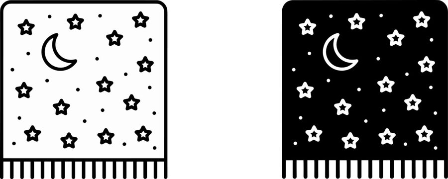 Night time scene icons featuring crescent moon and stars in outline and solid black square frame style for sleep and weather concepts celestial darkness