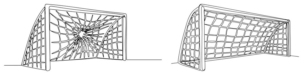 Soccer goal posts with netting set for football matches in minimalist continuous line art style © Amelia