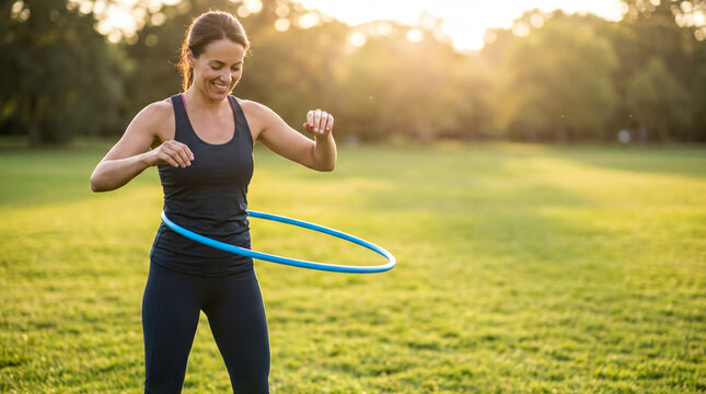 Active Young Woman Hula Hooping in Sunny Park for Outdoor Fitness and Wellness Campaign