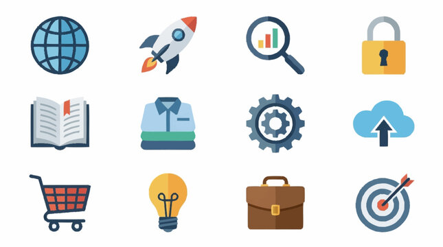 Colorful flat design icons for business and technology concepts.