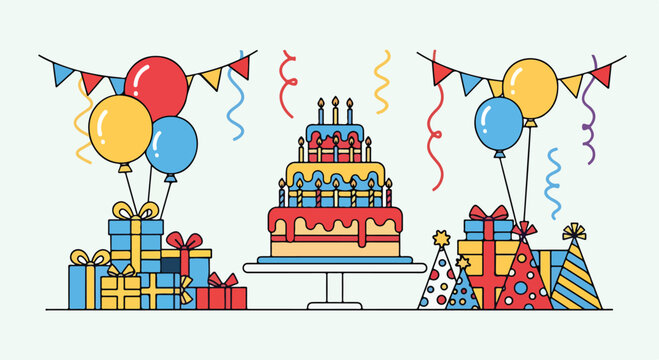 Colorful birthday scene with cake, gifts, and decorations