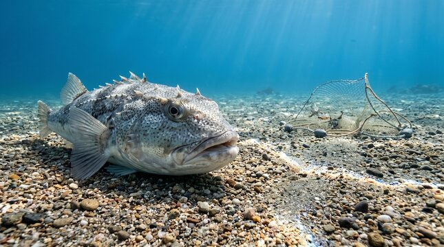 Large Foreground Toadfish With Distant Empty Net On Seabed