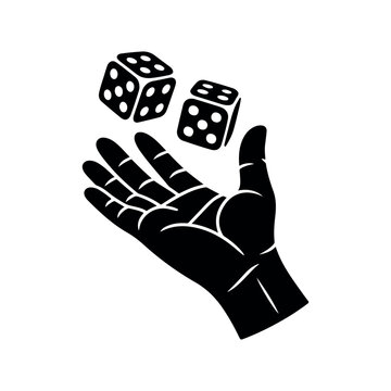 Silhouette of hand throwing pair of dice. Hand rolling two dice black and white vector illustration. 