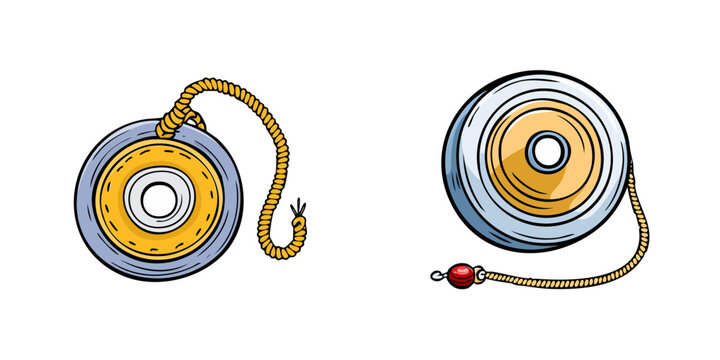 Set of two traditional spinning yo yos with strings and beads isolated on white background