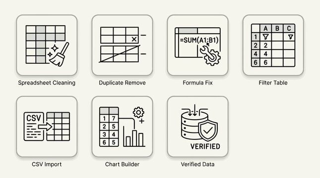 Set of data management icons featuring spreadsheet cleaning duplicate removal formula fixing and csv import tools for organized information processing systems.