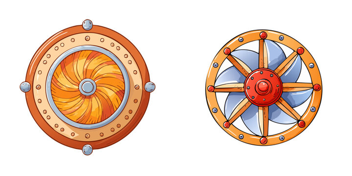Set of two stylized circular mechanical components, gears, and fans, with steampunk design elements