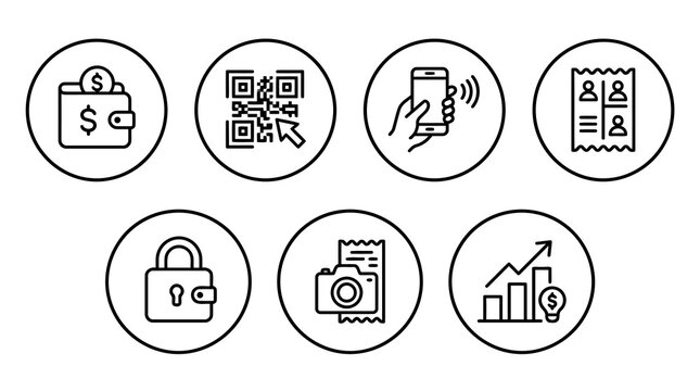 Set of seven circular outline icons depicting financial and payment concepts including wallet with coin, QR code, mobile payment, receipt, secure wallet, receipt camera, and financial growth.