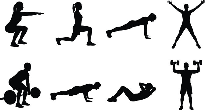 Black fitness and gym workout silhouette set featuring active men and women performing various strength training exercises